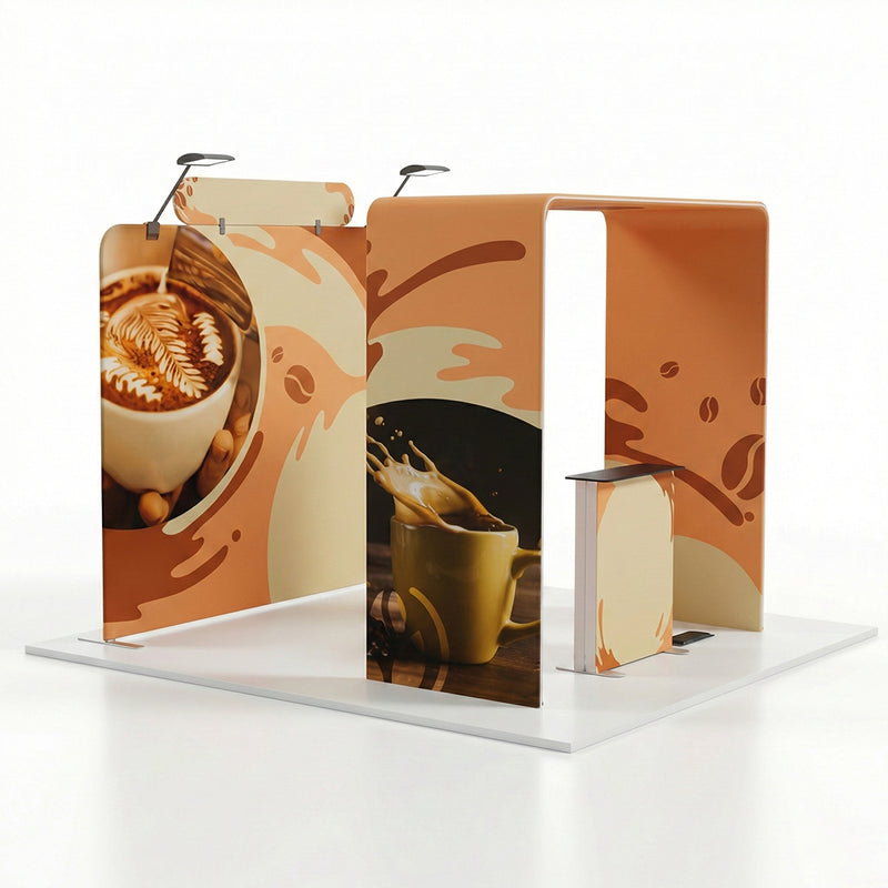 10x10ft trade show booth kit 2 with square arch display, tension fabric backwall, oval header, SEG light box counter, and LED lights
