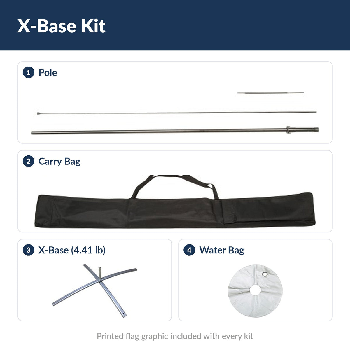 X-Base Kit contents: pole, carry bag, X-base and water bag