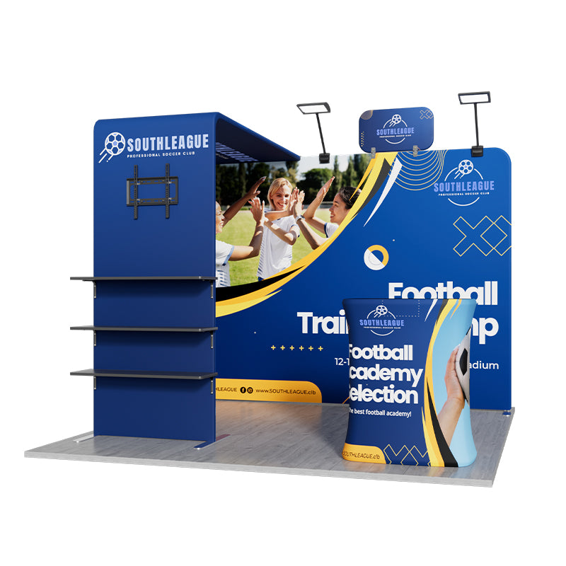 10x10ft trade show booth kit 1 with straight tension fabric backwall, L-shaped TV shelf, popup counter, fabric header, and LED lights