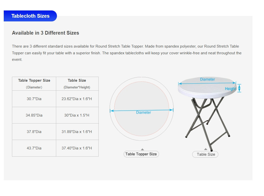 Round Stretch-Fit Table Topper size chart - fits-table dimensions