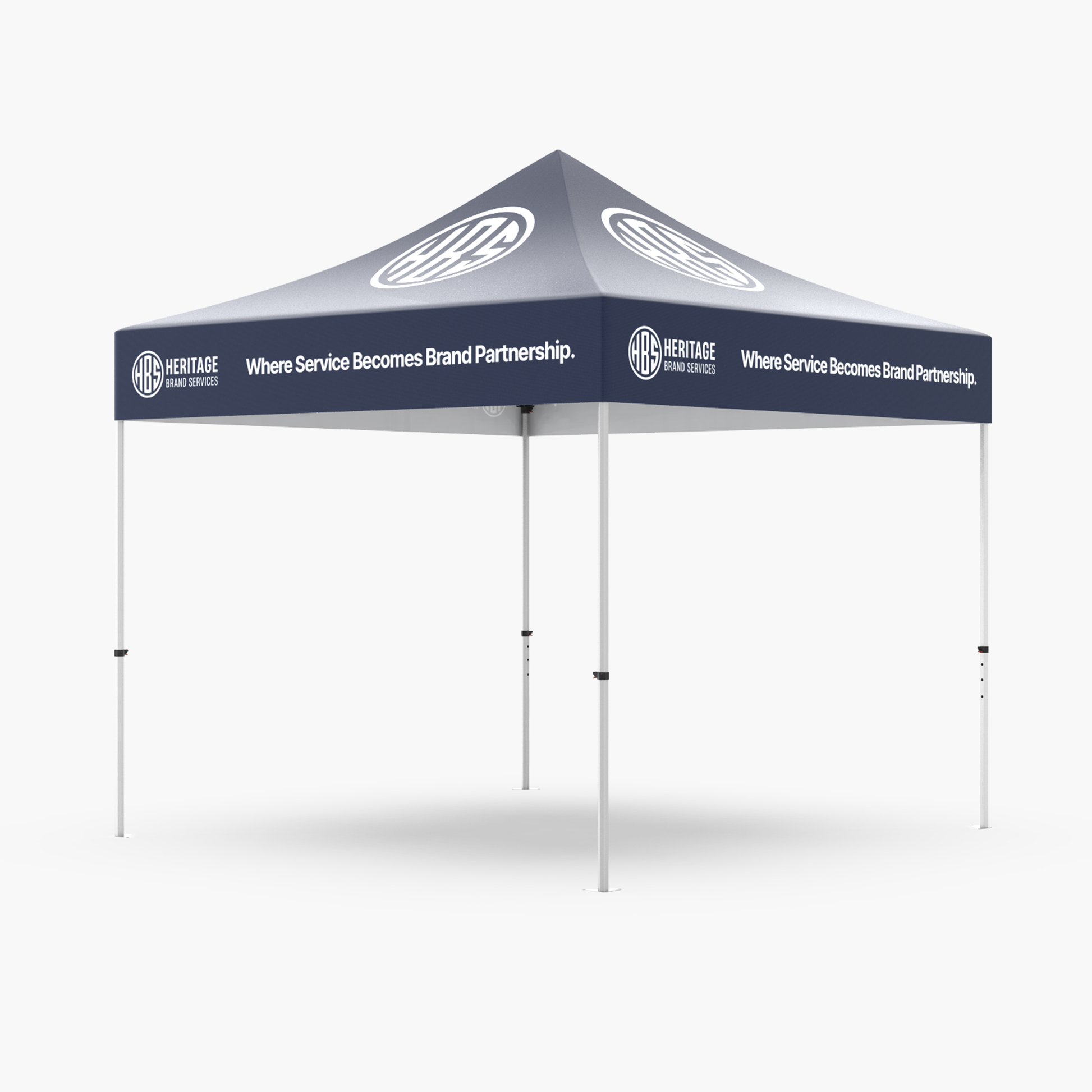 Custom branded 10x10 pop-up canopy tent with 40mm hex aluminum frame and full-color dye-sublimated top — Professional Grade Canopy by Heritage Brand Services